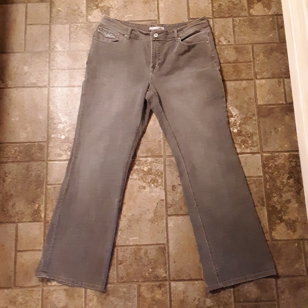Chicos size 14 Gray Tyrus shine bling flap pocket jeans 2.5